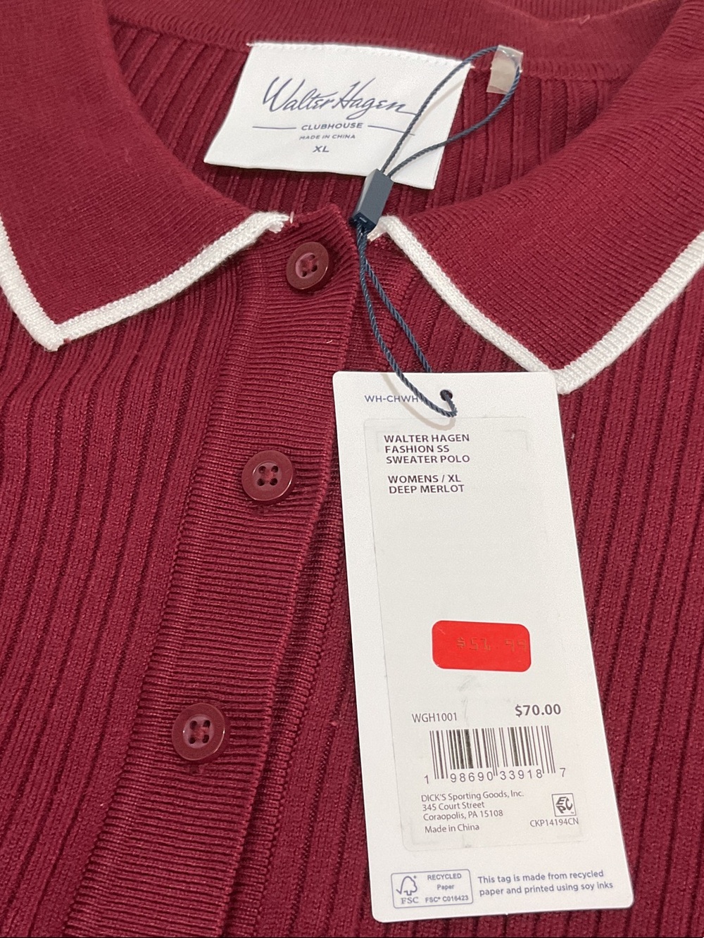 Walter Hagen Burgundy Polo with White Trim - Picture 5 of 6